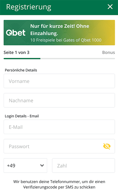 Registrierung im Qqbet Casino